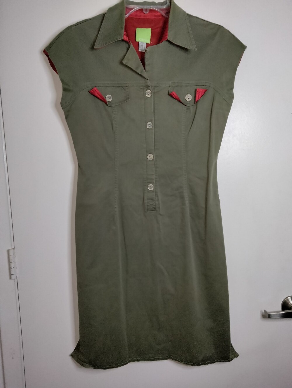Citrine (Size 12) Olive Green Stretch Button Front Tunic Shirt Dress Red Trim